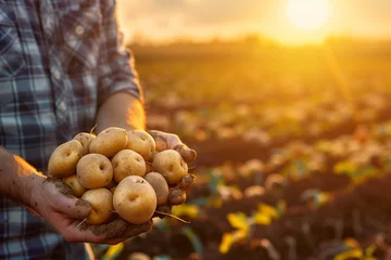 Foto op Plexiglas Close up of farmer holding potatoes in hands on harvest field background at sunset. banner with copy space © Esha