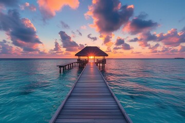 Colorful sunset over ocean on Maldives - obrazy, fototapety, plakaty