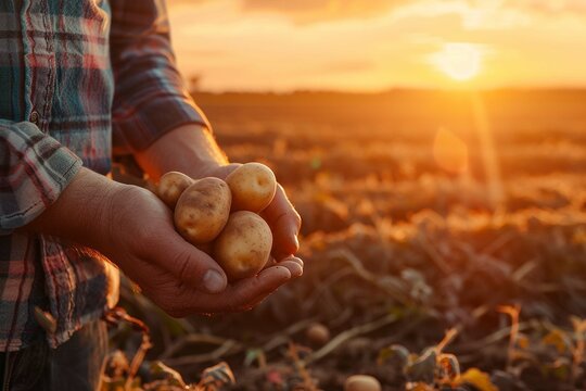 Close up of farmer holding potatoes in hands on harvest field background at sunset. banner with copy space