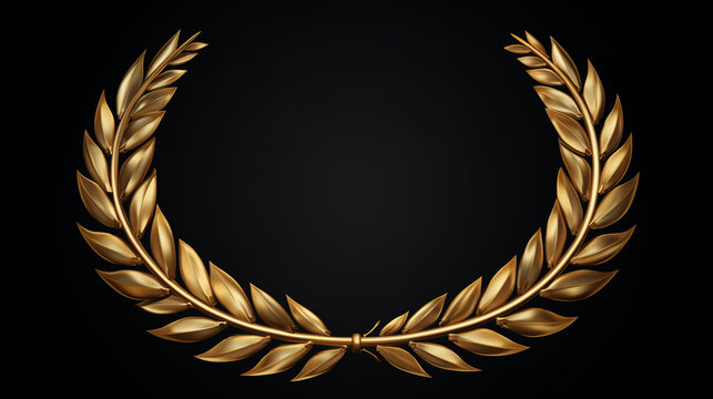 Gold laurel wreath headband, victory symbol, isolated on black background. 