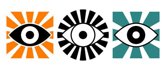 Eyes sign set. Vision outline symbol collection. Hypnosis eyeball concept pack. Watching or observing elements for poster, banner, brochure, leaflet, booklet, presentation. Vector illustration bundle 