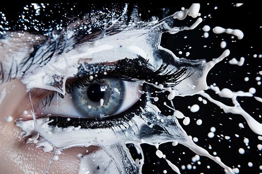 Conceptual creative photo of a female eye close-up in the form of splashes, explosion, and dripping paint isolated on a black background.