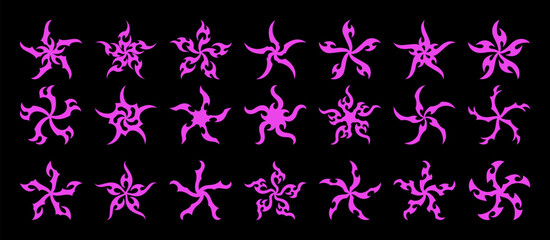 Y2K Radial Icons. Neo Tribal Circles Set. Vector Retro Acid Elements in Cyber 2000s Style