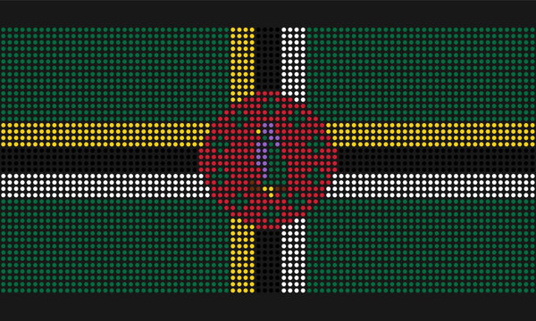 Dominica official flag with grunge texture in mosaic dot style. Abstract pixel illustration of national flag with halftone effect for wallpaper. 