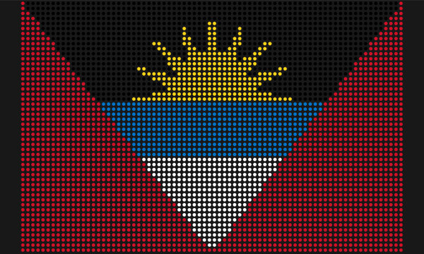 Antigua and Barbuda official flag with grunge texture in mosaic dot style. Abstract pixel illustration of national flag with halftone effect for wallpaper. 