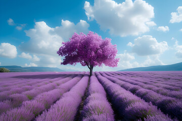 A beautiful lavender field landscape, perfect as a calming wallpaper or for the depiction of nature and rural scenery.