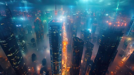 Futuristic metropolis teeming with life and innovation. sleek skyscrapers piercing the sky, illuminated by the neon glow of advanced technology. Generative AI.