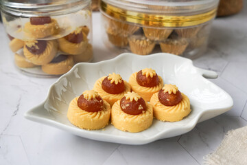 Popular cookies in Malaysia during celebration of Eid Mubarak (Hari Raya) on white background and selective focus.
