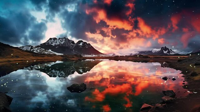 a captivating astrophotography image of a nebulaic reflection. amazing sky with reflection on a lake. seamless looping overlay 4k virtual video animation background 