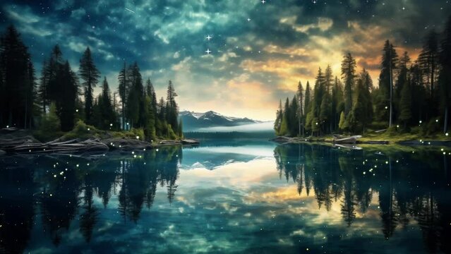 beautiful nature scene with reflection on a lake. a captivating astrophotography image of cosmic reflection. seamless looping overlay 4k virtual video animation background 