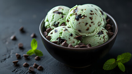 photography of Sweet Mint Chocolate Chip dessert in a bowl - obrazy, fototapety, plakaty