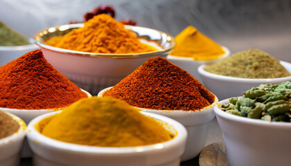 Asian cuisine with a low angle view of bowls of colourful spices with focus to a bowl of turmeric based curry powder