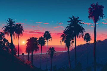 View of silhouette palm trees against blue sky during sunset - Powered by Adobe
