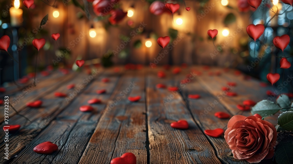 Poster a wooden table with front perspective, background of valentine day. generative ai.