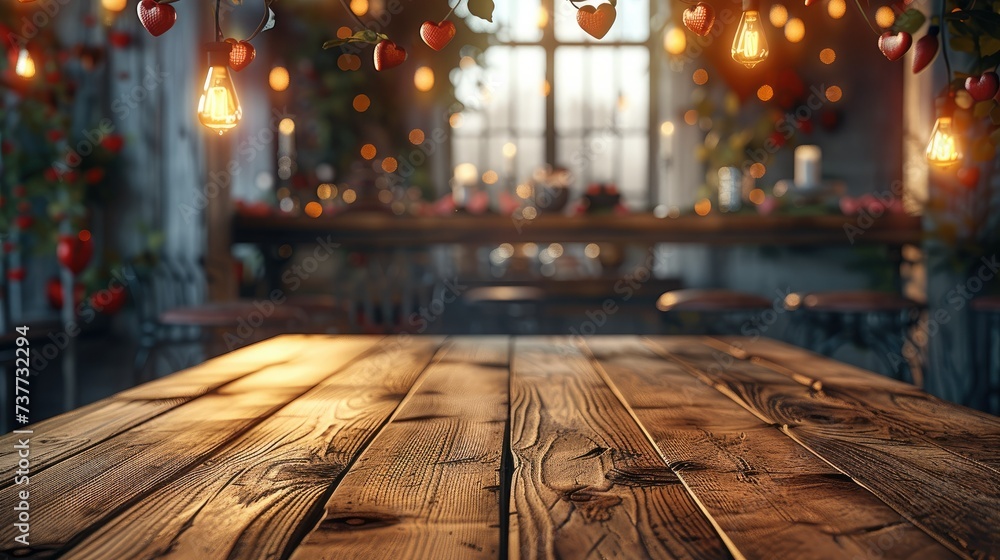 Poster a wooden table with front perspective, background of valentine day. generative ai.