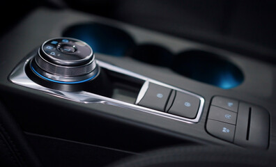 Car automatic gear or automatic button transmission gear level with double-clutch. modern interior.
