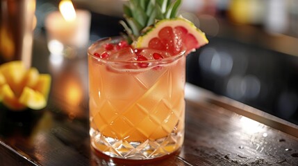 Close up of a refreshing summer cocktail, adorned with a tropical fruit garnish