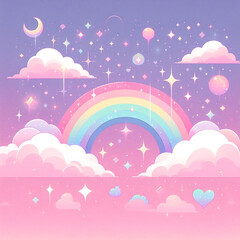 Rainbow unicorn background. Pastel glitter pink fantasy galaxy. Magic mermaid sky with bokeh. Holographic kawaii abstract space with stars and sparkles. Vector