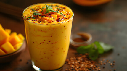 photography of mango lassi drink in glass cup