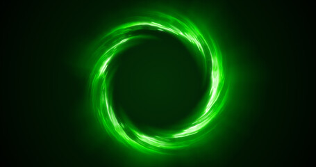 Looped twirl circle of stripes and lines of bright green beautiful magical energy glowing neon, round frame. Abstract background