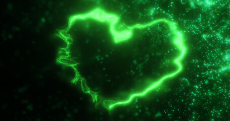 Glowing green fire energy abstract heart made of particles and light for valentines day festive abstract background