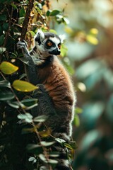 Fototapeta premium A lemur is sitting on a branch in the forest. Generative AI.