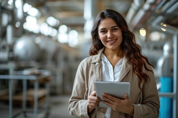 Businesswoman holding tablet in warehouse 
