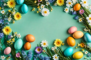 Naklejka na ściany i meble Spring Easter holiday background with eggs in nests and spring flowers