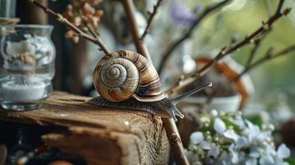 A snail is sitting on a wooden table. Generative AI.