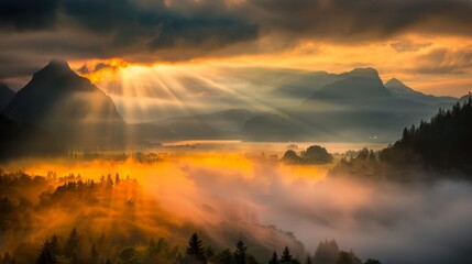 Golden Hour Rays Over Misty Mountain Ridges