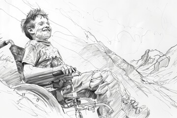 Happy disabled boy sits in wheelchair in the mountains. Monochrome black and white sketch of the young man affected by cerebral palsy. Rehabilitation picture.