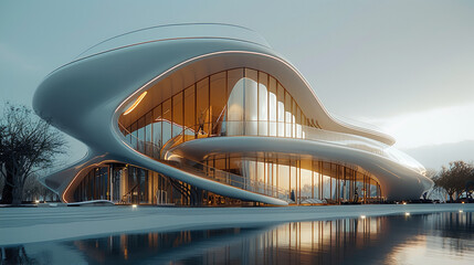 A highly architecture digest curvilinear, experience sales center, exterior shots of a contemporary building cantilever merged. Generative AI. - obrazy, fototapety, plakaty