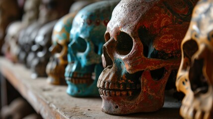 A row of skulls on a shelf. Generative AI.