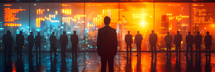 Executives looking out large windows and seeing a visual of a large infographic - data analytics - bar graphs - finance - stock market 