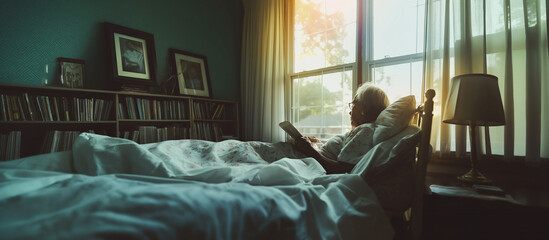 Photo of An elderly woman is resting after an illness. She is lying on the bed and reading a book...