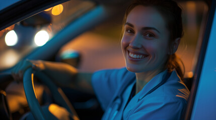 Photo of a smiling beautiful nurse sitting in the car leaving for work in the morning.