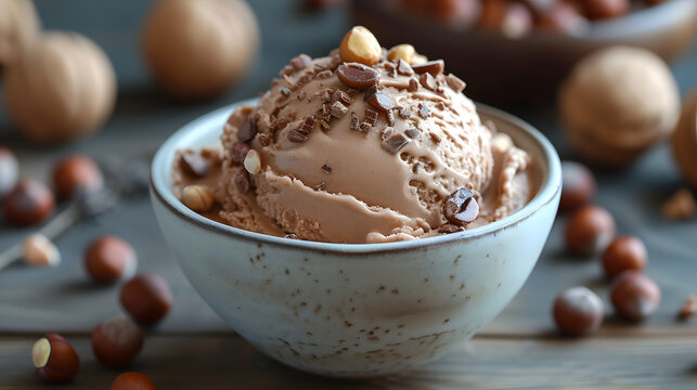 photography of Sweet Hazelnut Gelato or Hazelnut ice cream dessert in a bowl