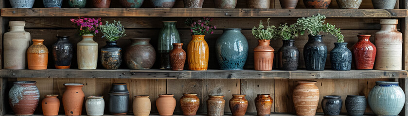 Fototapeta na wymiar Handcrafted Rustic Pottery on artisanal wood shelves cozy vibe