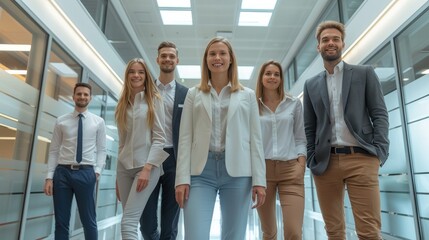 Obraz premium Group of employees in casual business clothes standing in an office room. Generative AI.