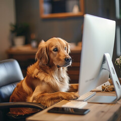 A computer class for pets where dogs learn coding and cats master graphic design merging animal intelligence with technology
