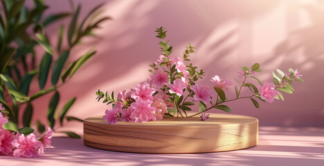 Wooden podium display. Nature wooden pedestal with flowers and leafs and shadow on pink background. Cosmetic, beauty product promotion stand. Generative AI.