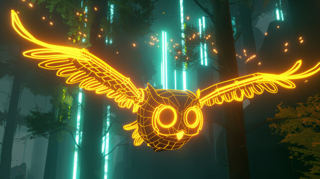 A cybernetic neon owl flies over a dark digital forest a guardian of VR secrets and hacker nemesis