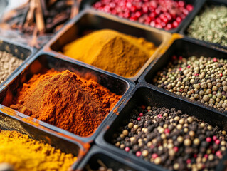 A delicious closeup shot of an international spice market colors and textures inviting a journey of warm flavors