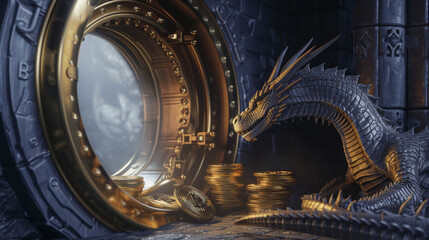 A dragon guarding a vault filled with gold coins and bitcoins symbolizing wealth and security in the digital age - obrazy, fototapety, plakaty