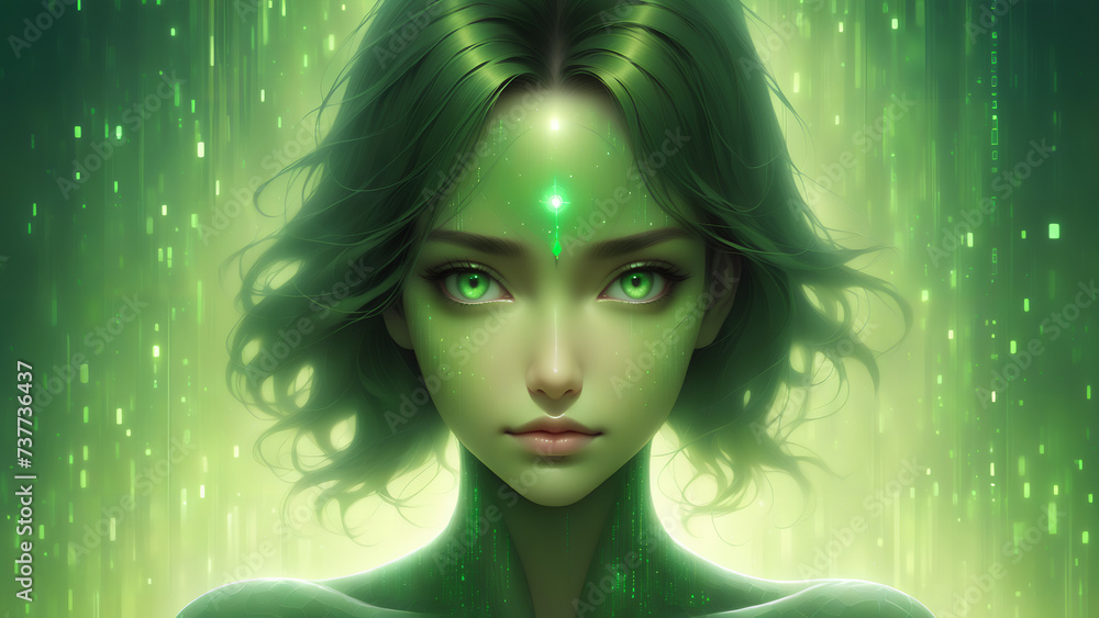 Wall mural green binary code matrix girl