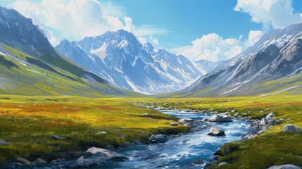 Naklejka na ściany i meble A breathtaking panorama unfolds, revealing the sublime beauty of a gorgeous mountain landscape, Ai Generated.