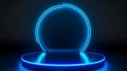 Neon Hologram Stage: 3D Light Game Podium with Blue Circle Background