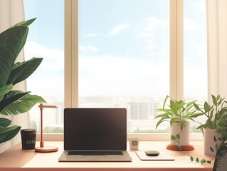 Room with a stylish, ergonomic workspace, a stunning view through a large window, and personal touches that suggest a work-life balance. Generative AI