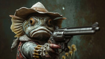 A whimsical angelfish wearing a hat, clutching a gun with a quirky and playful demeanor, Ai Generated. - obrazy, fototapety, plakaty