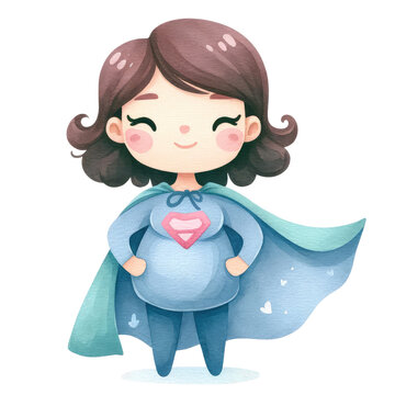 recommend clip art: Super Mom Mother's Day cartoon clipart vector strong woman. Superhero mom characters. watercolor illustration. 